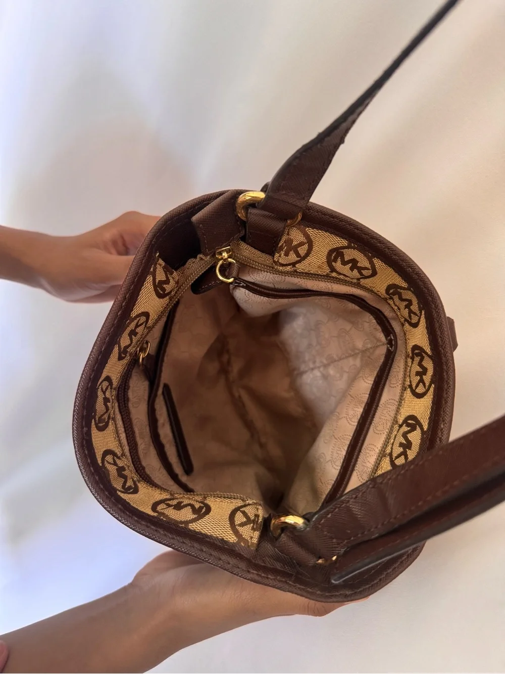 Michael Kors Tan and Brown Monogram Crossbody Bag
